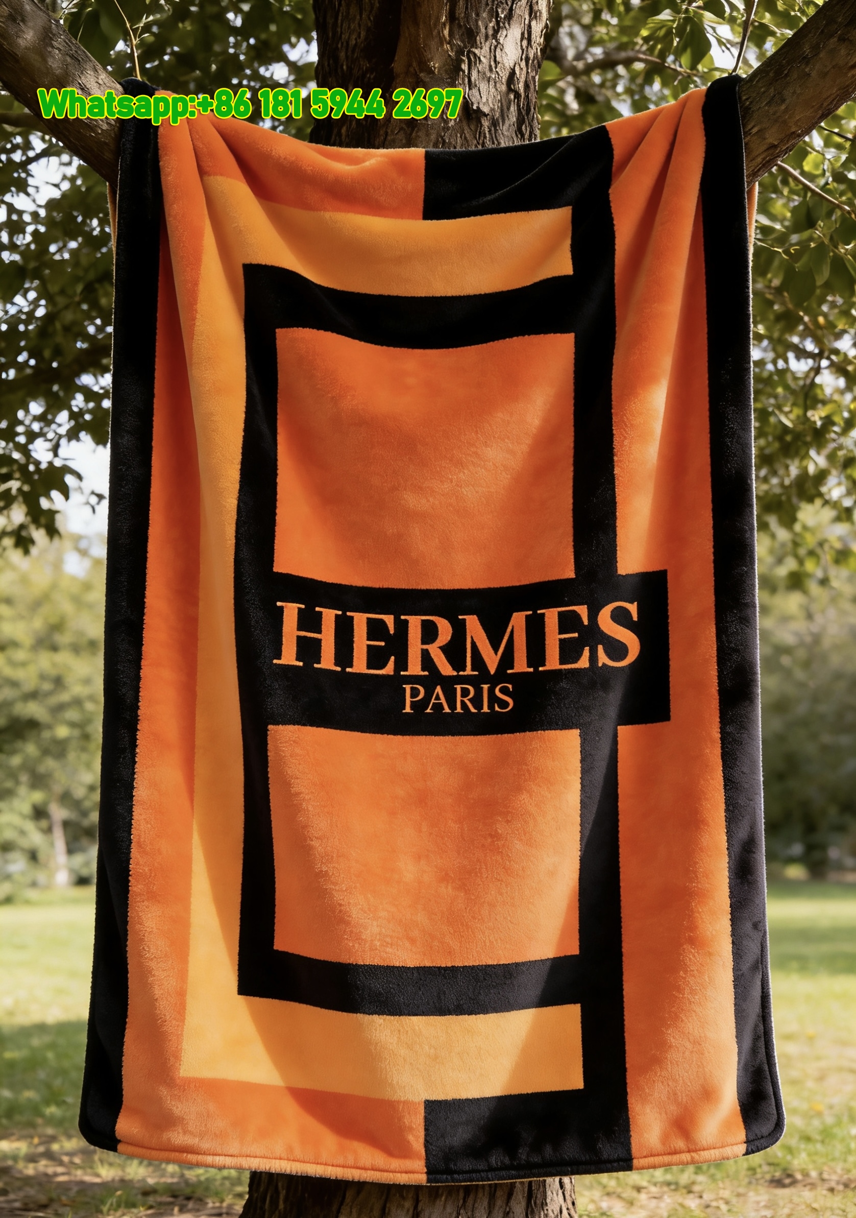 Hermès Orange Geometric Block Flannel Fleece Throw Blanket IMG_4991